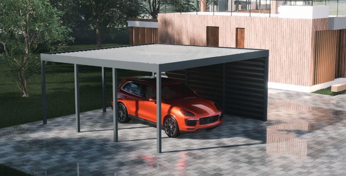 Modernes Carport aus Polen in einem Berliner Wohnviertel